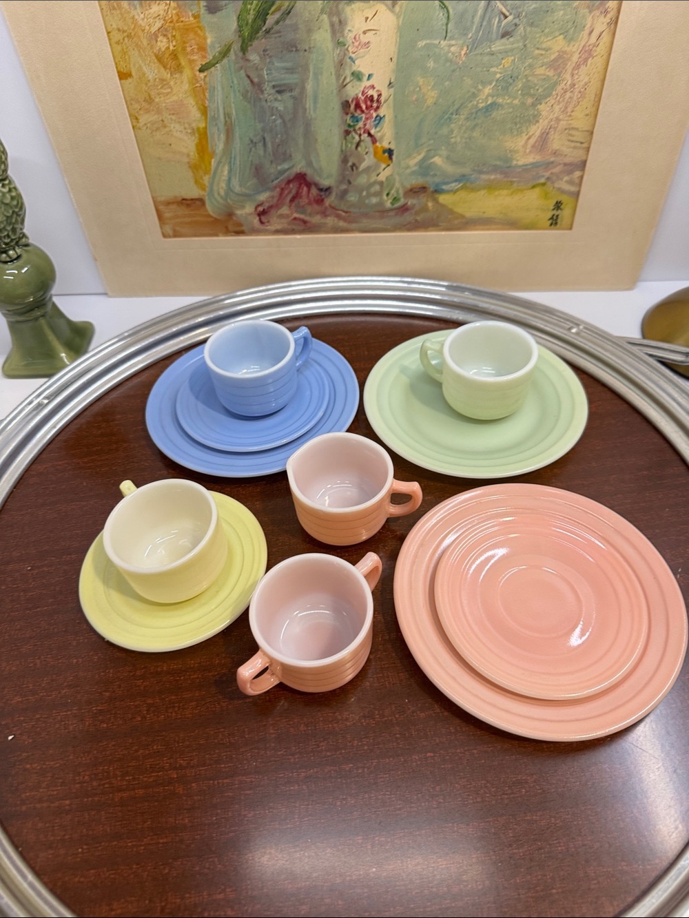Vintage Hazel Atlas Little Hostess Moderntone partial Child Tea Set  Pastelware